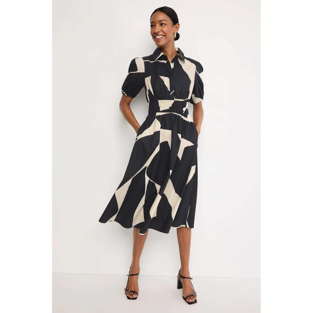 Hutch Alora Dress Black White Abstract Geometric Print Midi Shirt Dress Sz L